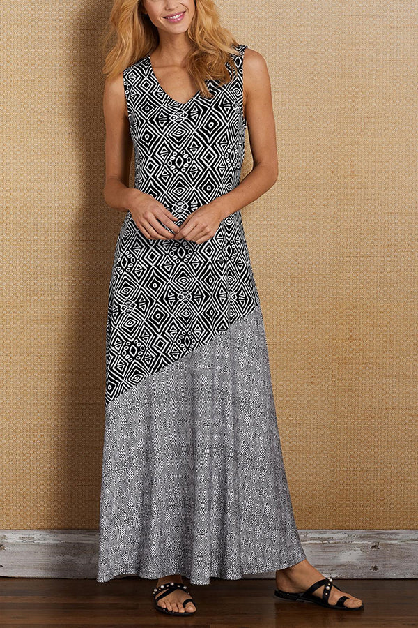 Elegant and Unique Printed V Neck Maxi Dress