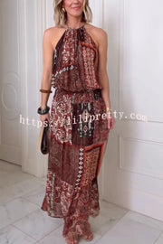 Ethnic Boho Colorblock Print Elastic Waist Resort Style Maxi Dress