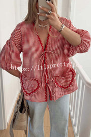 Lovely Plaid Heart Pattern Casual Lace-up Pocket Loose Shirt