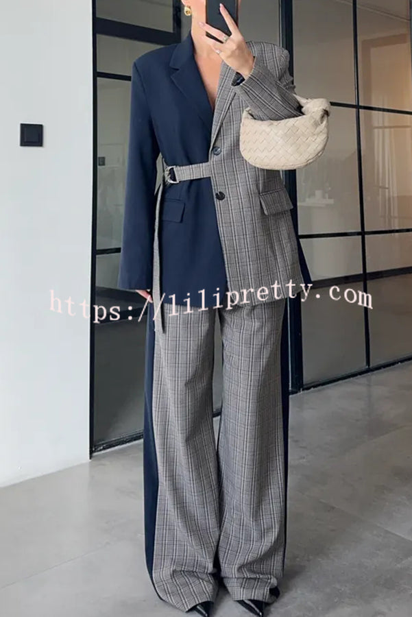 Nayla Plaid Contrast Color Belted Long Sleeve Lapel Blazer and Pocketed Wide Leg Pants Set