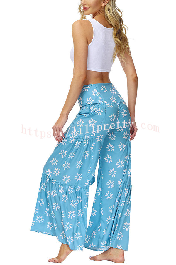 Resort Style Unique Printed Smocked Elastic Waist Lace Up Wide Leg Pants