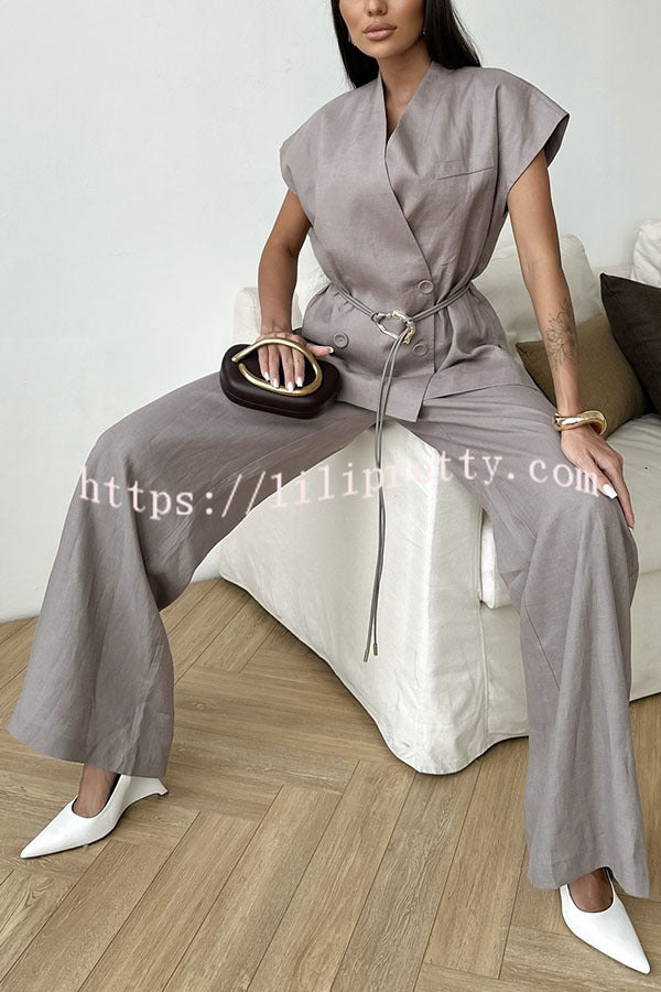 Modern City Double Breasted Belted Wide Short Sleeve Suit and Elastic Waist Loose Pants Set