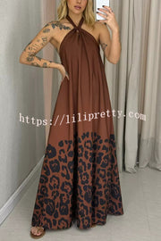 Leopard Print Sexy Halter Neck Backless Loose Maxi Dress