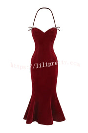 Althea Velvet Sweetheart Neck Bow Strap Fishtail Hem Stretch Midi Dress