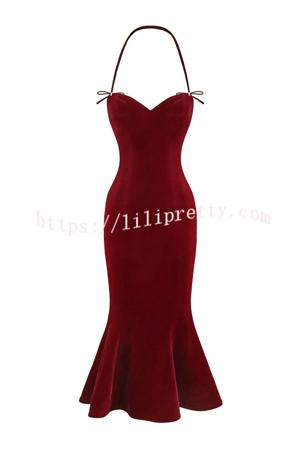 Althea Velvet Sweetheart Neck Bow Strap Fishtail Hem Stretch Midi Dress