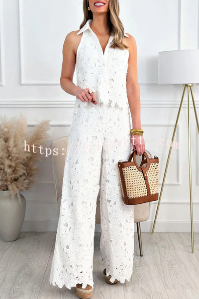 Delighted Embroidery Floral Hollow Lace Shirt-neck Vest and Wide Leg Pants Set
