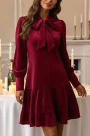 Vintage Velvet Bow Tie Neck Long Sleeve Loose Mini Dress