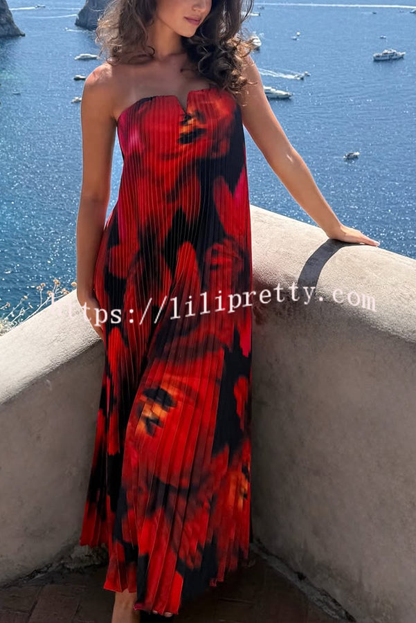 For Every Occasion Satin Pleated Floral Print V-wire Bandeau Neck Maxi Dress