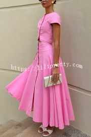 Solid Color Round Neck Button Crop Top and Elegant High Waist Slit Maxi Skirt Set