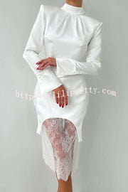 Melissa Satin High Neck Long Sleeve Curved Hem Top and Lace Midi Skirt Set