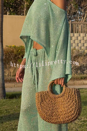 Vacation Knit Shiny Fabric Batwing Sleeve Cape Top and Cover-up Elastic Waist Loose Pants Set