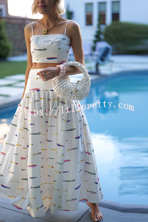 Island Resort Linen Blend Back Smocked Crop Tank and High Rise A-line Maxi Skirt Set