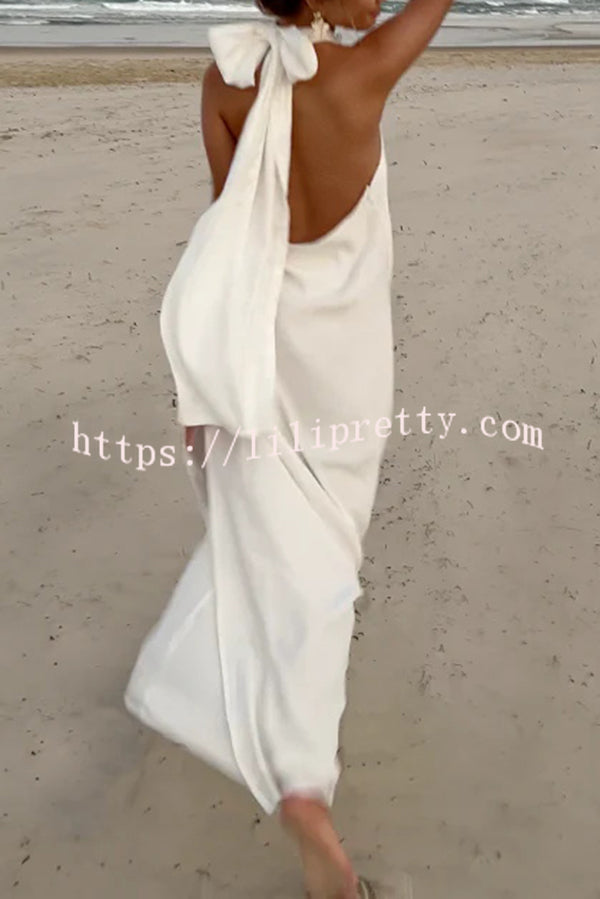 Floral Embellished Satin Halterneck Backless Resort Maxi Dress