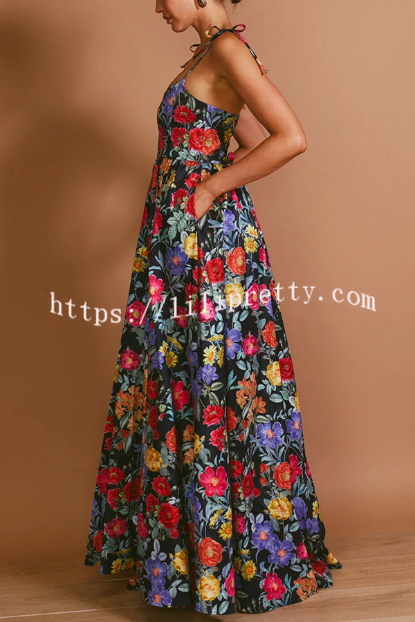 Garden Wedding Floral Print Back Tie-up Pocketed Slit Maxi Dress