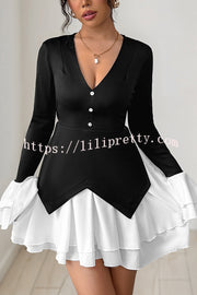 Fashionable Contrast Color Panel Long Sleeve Ruffled Mini Dress
