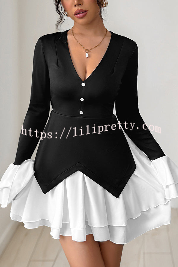 Fashionable Contrast Color Panel Long Sleeve Ruffled Mini Dress