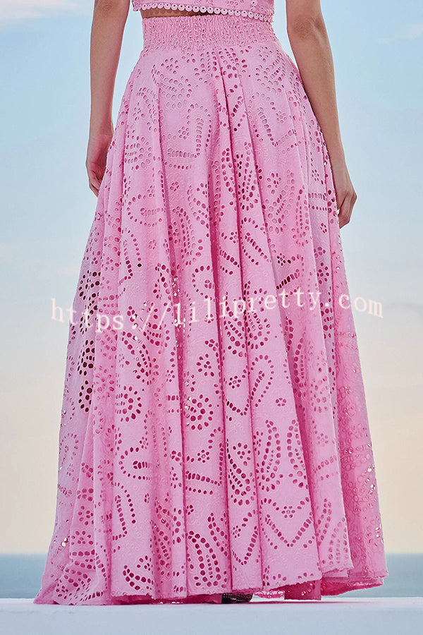 Paris Dreaming Embroidered Lace High Rise Elastic Waist Pocketed Maxi Skirt