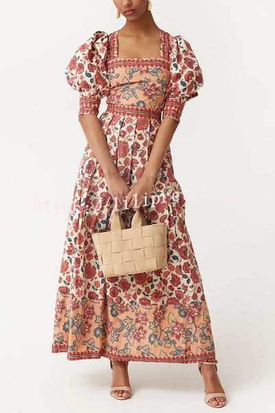 Floral Print Square Neck Puff Sleeve Tie Top and Elegant Casual Maxi Skirt Set