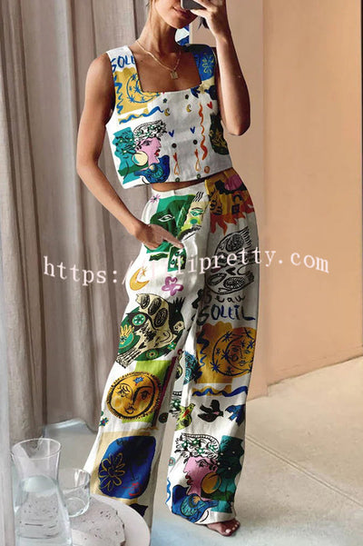 Lilipretty Soleil Light Linen Blend Unique Print Tank and Back Elastic Waist Pocketed Pants Set
