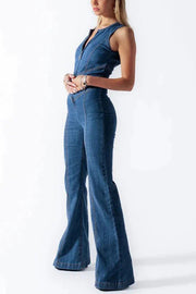 Fashionable Heart Hollow Back Slim High Waist Flared Denim Jumpsuit