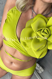 Solid Color Large Flower Decoration High Waist Elastic Two Piece Bikini Swimsuit