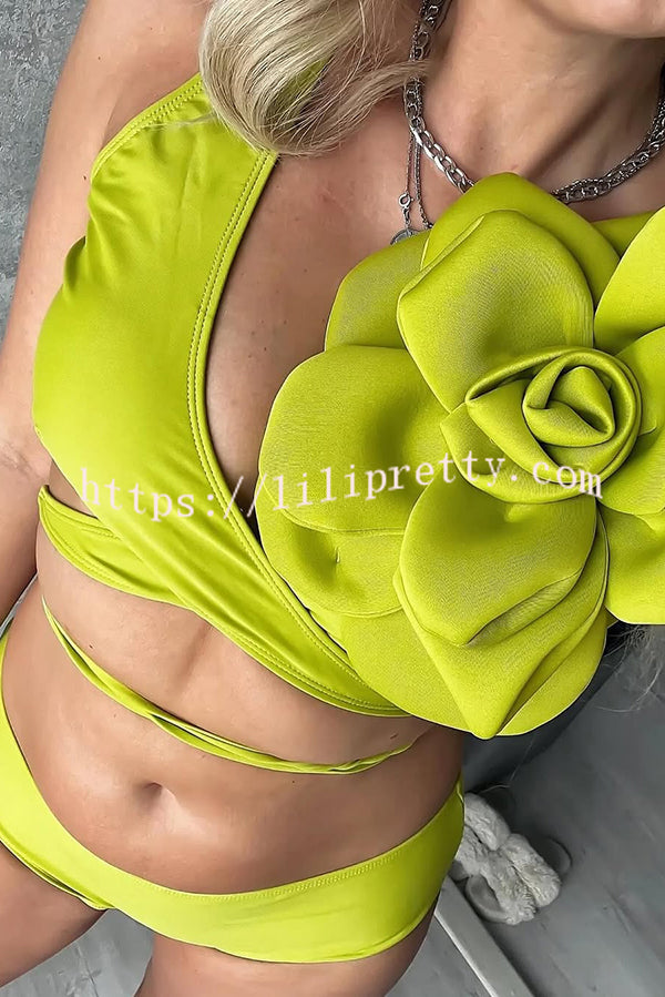 Solid Color Large Flower Decoration High Waist Elastic Two Piece Bikini Swimsuit