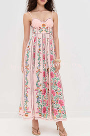 Linen Blend Delicate Forest Unique Print Sweetheart Neck Beaded Straps Maxi Dress