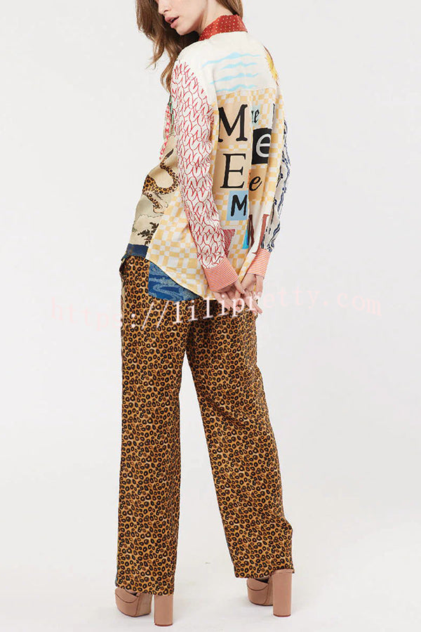 Tropical Jungle Tiger Unique Print Long Sleeve Loose Shirt and Elastic Waist Pants Set