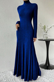 Solid Color High-neck Long-sleeved Slim-fit Fishtail Elegant Maxi Dress