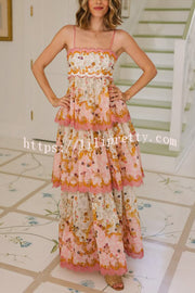 Charming Smile Floral Print Scalloped Lace-trim Back Tie-up Tiered Maxi Dress