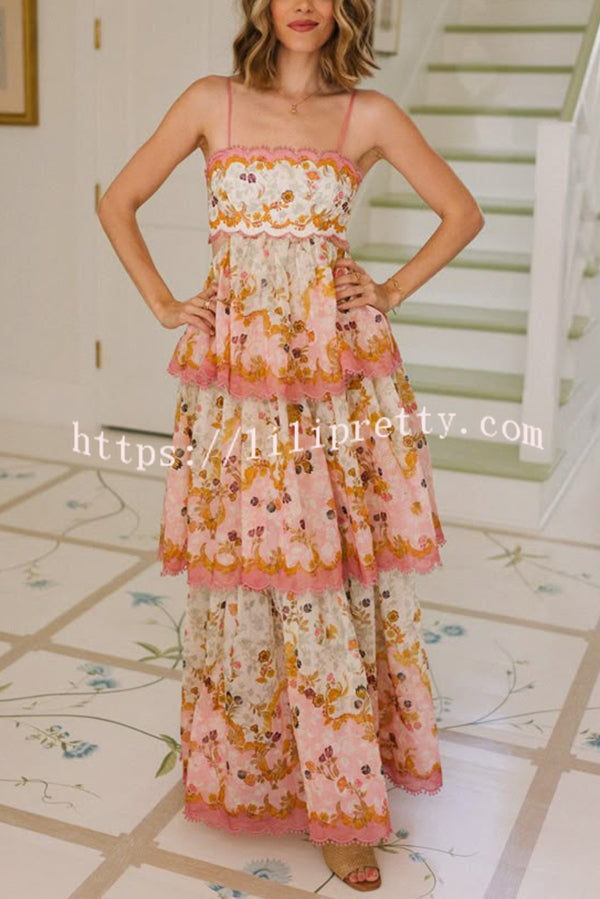 Charming Smile Floral Print Scalloped Lace-trim Back Tie-up Tiered Maxi Dress
