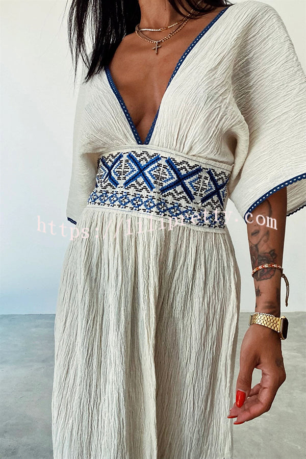 Sunlit Days Linen Blend Ethnic Printed Elastic Waist Slit Maxi Dress