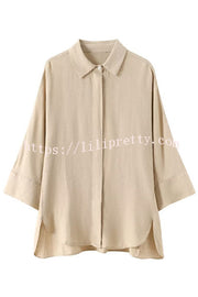 Solid Color Loose Casual Shirt and Elastic Waist Pocket Wide Leg Pants Set