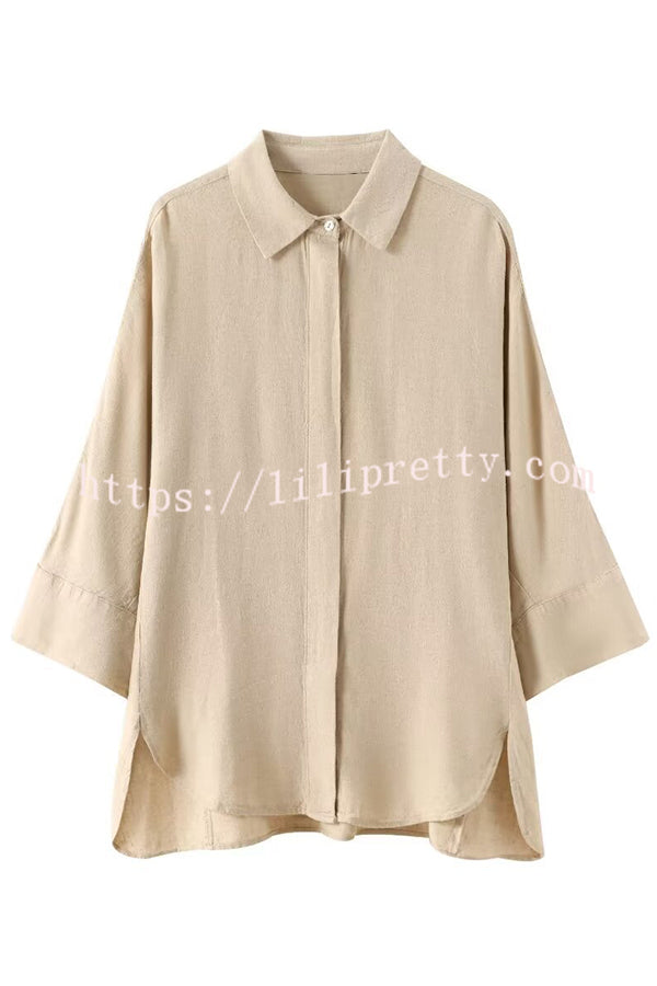 Solid Color Loose Casual Shirt and Elastic Waist Pocket Wide Leg Pants Set
