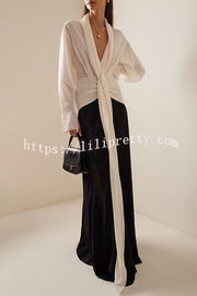 Fashion Contrast Color V-neck Tie High Waist Drape Maxi Dress
