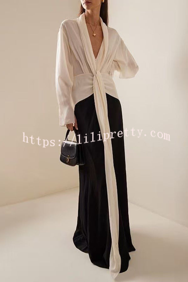 Fashion Contrast Color V-neck Tie High Waist Drape Maxi Dress
