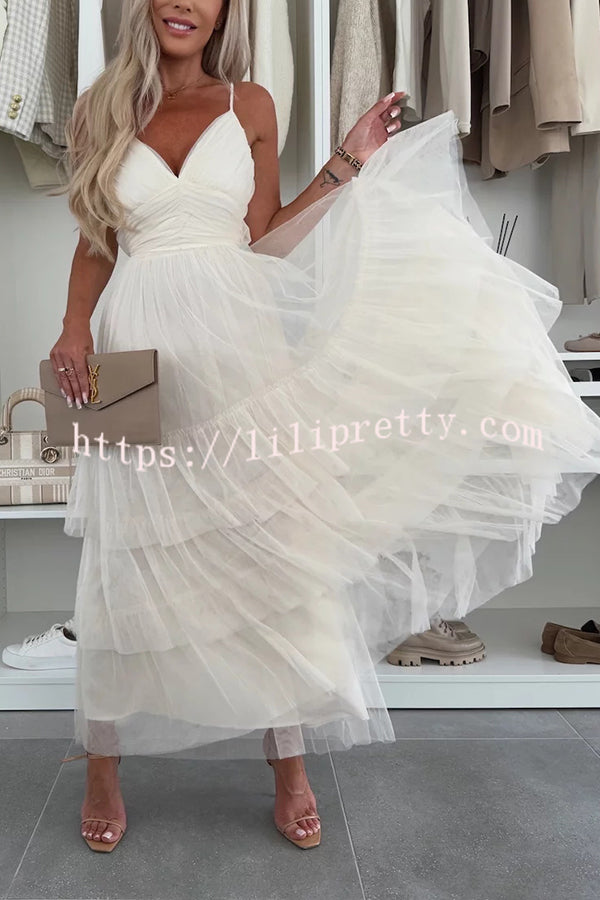 Romantic Movie Tulle Ruched Tiered Hem Slip Maxi Dress