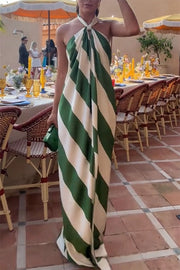 Most Dreamy Stripe Print Halter Tie-up Backless Pocket Loose Maxi Dress