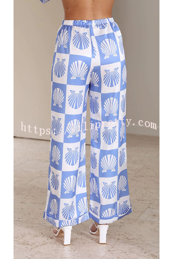 Lilipretty Ocean Legend Satin Shell Print Button Up Shirt and Elastic Waist Pants Set