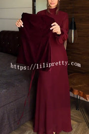 Hildie Chiffon and Two-piece Velvet Lace-up Bra High Neck Long Sleeve Maxi Dress