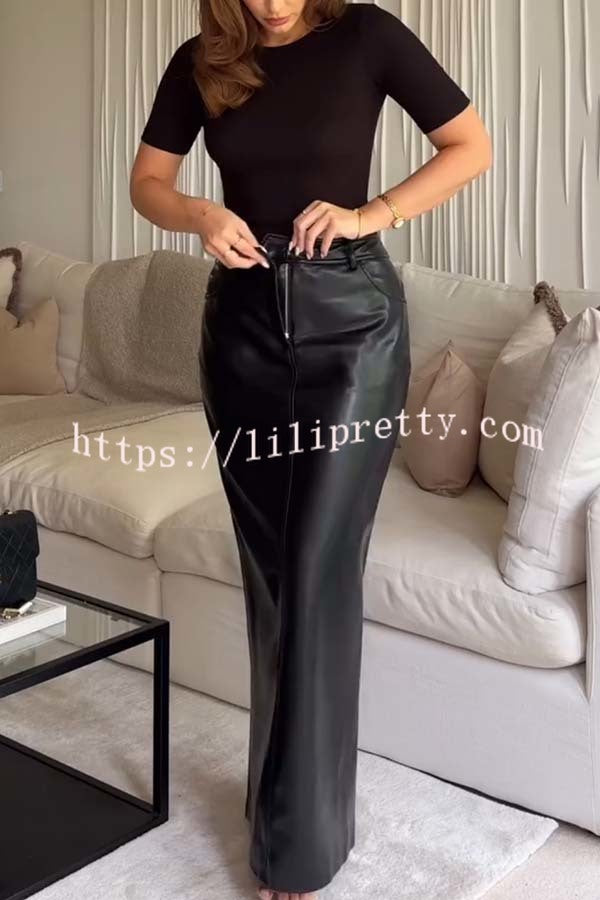 Classic Feel Faux Leather Mid Rise Pocket Slit Stretch Maix Skirt