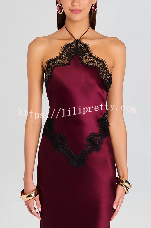 Everly Contrast Color Satin Lace Trim Halter Back Lace-up Flare Maxi Dress