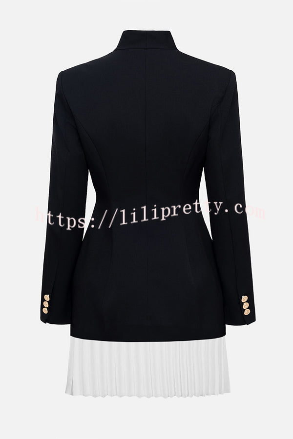 Fashionable Contrast Color Elegant Long Sleeve Pleated Suit Mini Dress