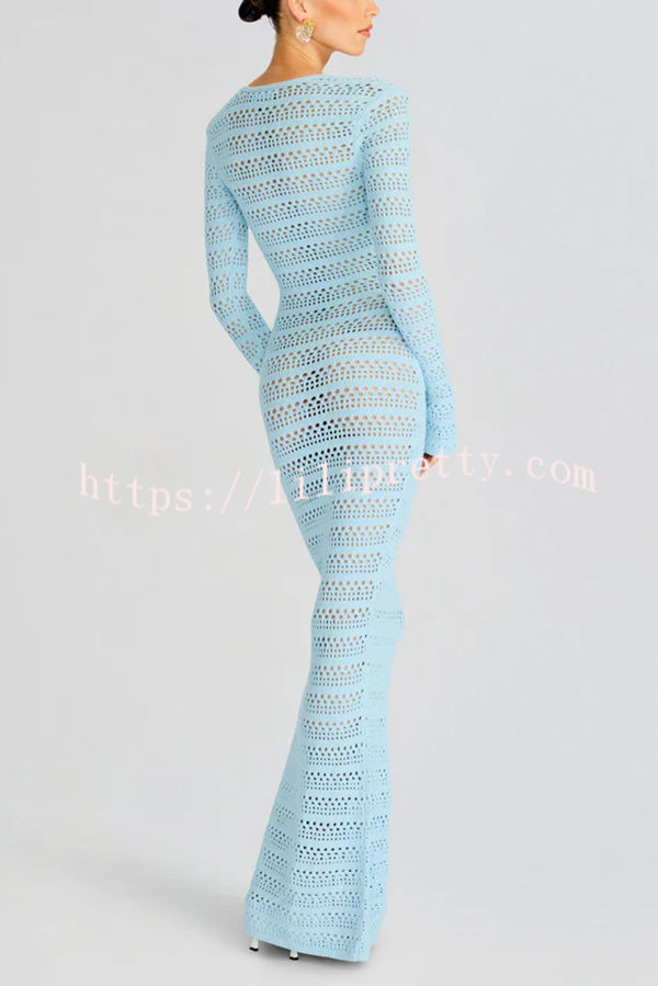 Solid Color Knit Hollow Long Sleeve Vacation Cover Up Maxi Dress