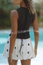 Helsee Linen Blend Polka Dot Print Elastic Waist Bubble Mini Skirt