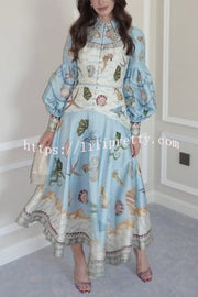 Ocean Print Lapel Button Waist Tie Resort Maxi Dress