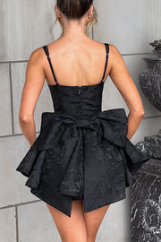 Jacquard Fabric Halter Back Elegant Bow Slim Fit Mini Dress