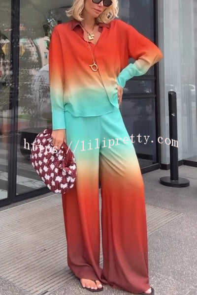 Neon Sunset Gradient Print Long Sleeve High Low Hem Blouse and Elastic Waist Loose Pants Set
