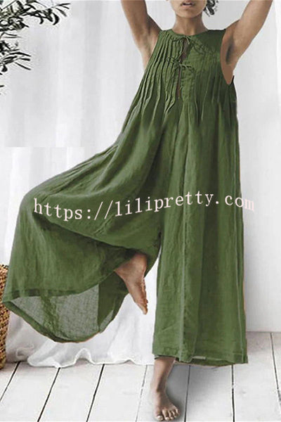 Lilipretty Salma Linen Blend Sleeveless Cutout Ruched Detail Wide Leg Jumpsuit