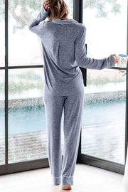 Home-style Loose-fitting Long-sleeved Pocket Shirt and Elastic Waist Casual Pants Set